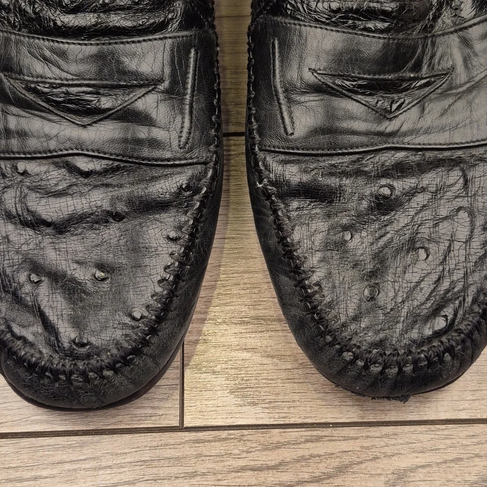 MEZLAN Mario Black‎ Ostrich Pattern Leather Sz 11.5 US Mens Loafers Shoes VTG